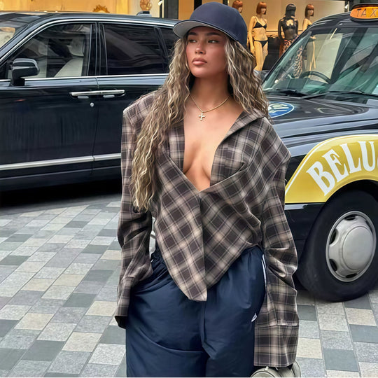 Damen lässige Karobluse mit übergroßem Schnitt und elegantem V-Ausschnitt Fudus