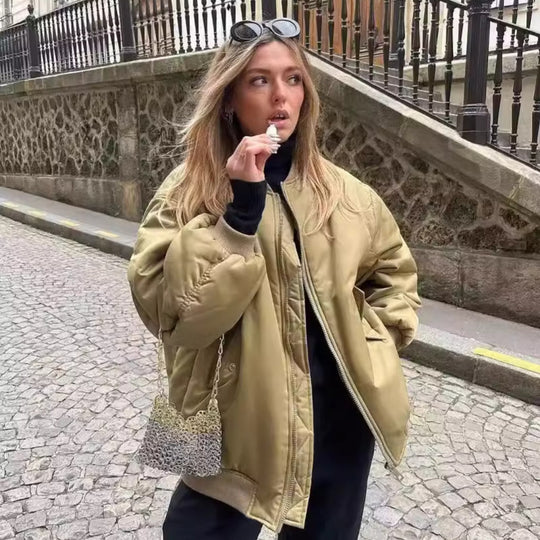 Damen lässige Bomberjacke mit elastischem Bund und praktischen Taschen Fudus