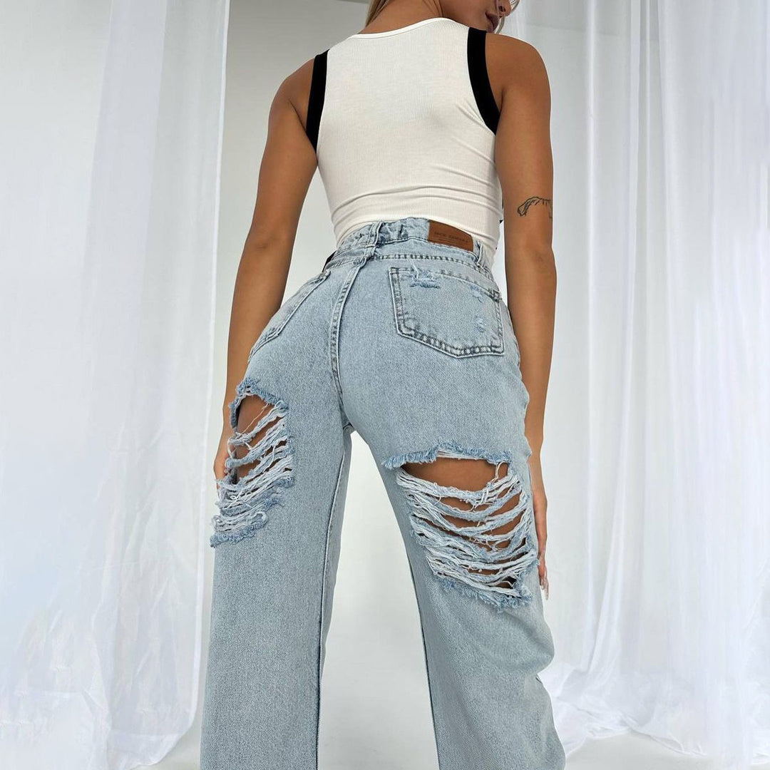 Damen lässige High-Waist Jeans mit ausgefransten Details Fudus