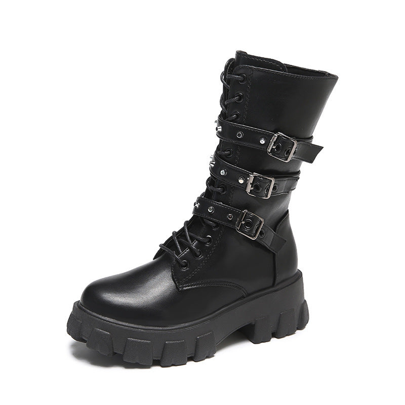 Damen High-Top Schnürstiefel mit Verstellbaren Riemen und Griffiger Sohle