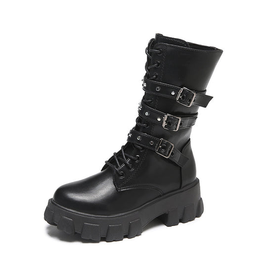 Damen High-Top Schnürstiefel mit Verstellbaren Riemen und Griffiger Sohle