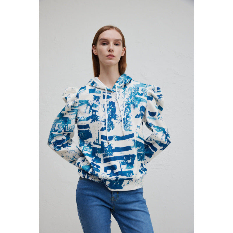Damen Kapuzenpullover mit modischem Rüschendesign und kreativem Druck Fudus