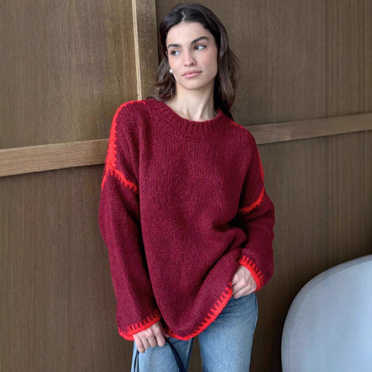 Damen kuscheliger Strickpullover mit kontrastierenden Akzentdetails Fudus
