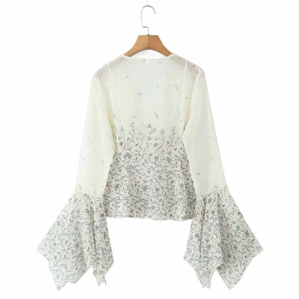 Damen lässige Bluse mit eleganten Glockenärmeln und floralem Design Fudus