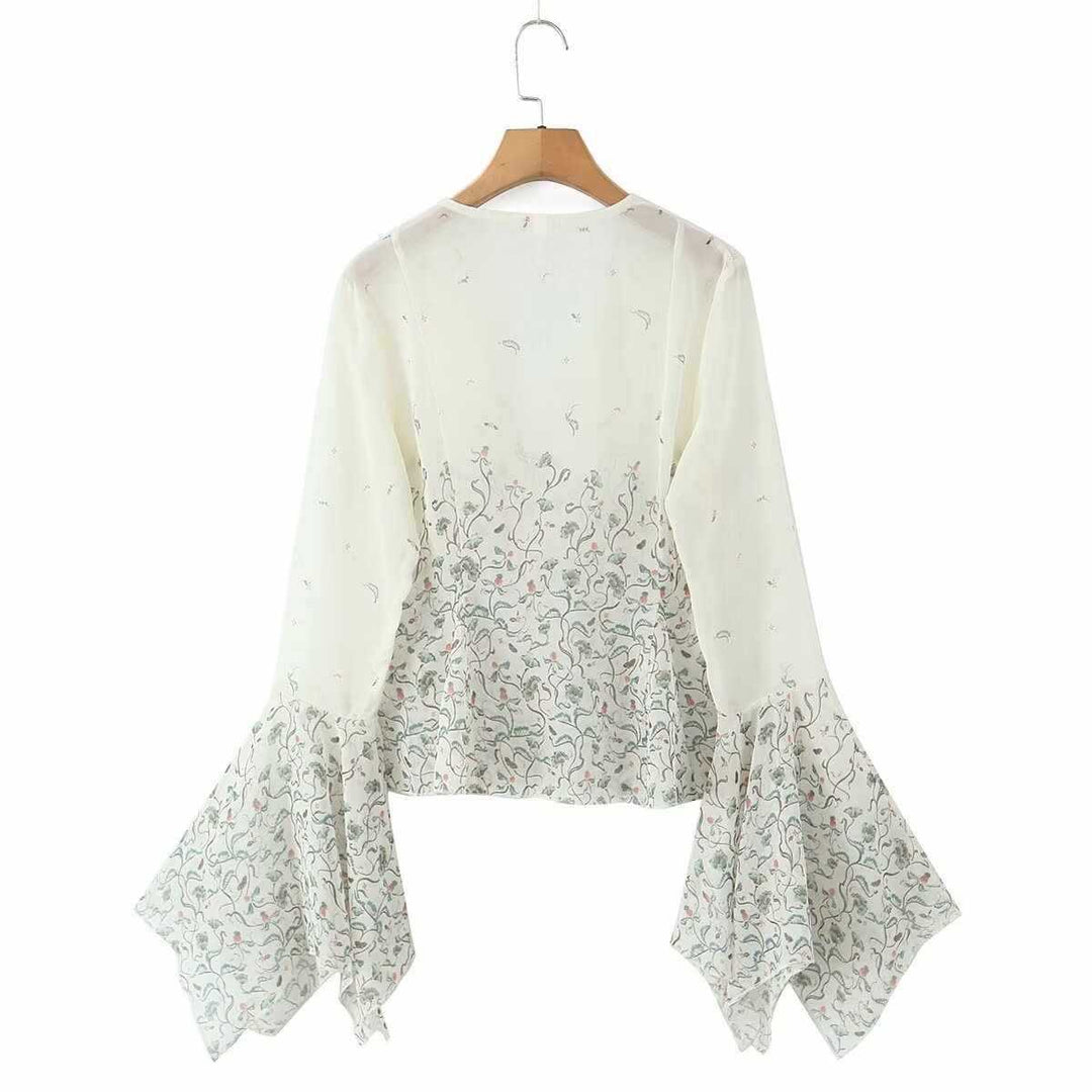 Damen lässige Bluse mit eleganten Glockenärmeln und floralem Design Fudus