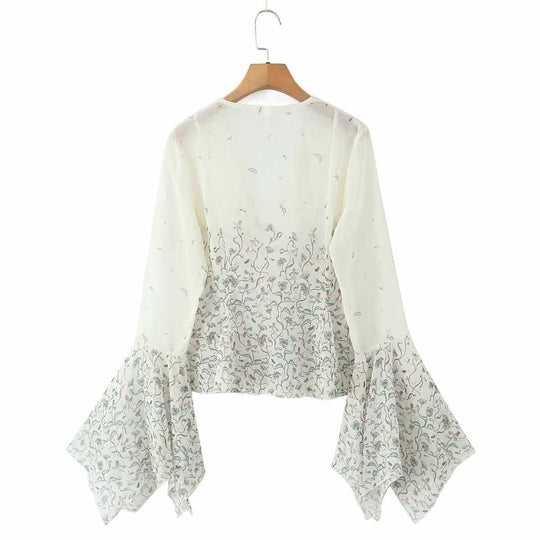 Damen lässige Bluse mit eleganten Glockenärmeln und floralem Design Fudus