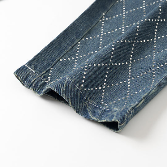 Damen hochtaillierte Jeanshose im eleganten Karomuster Fudus