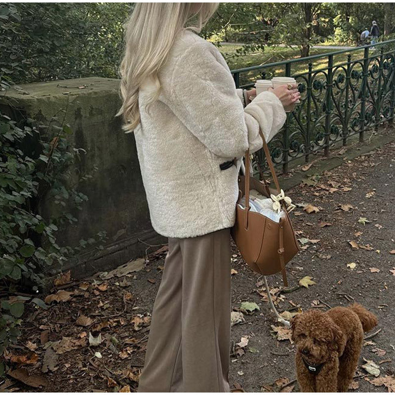 Damen kuschelige Teddy-Jacke mit hochwertiger Lederverarbeitung Fudus