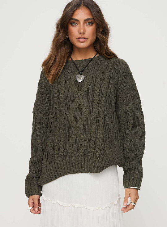 Damen Grobstrickpullover mit voluminösen Ärmeln und klassischem Zopfmuster Fudus