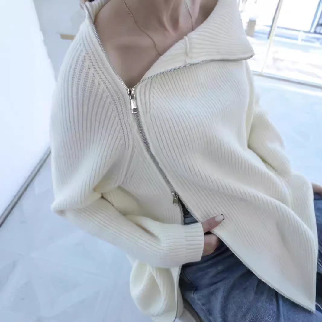 Damen kuscheliger Strickpullover mit asymmetrischem Reißverschluss Fudus