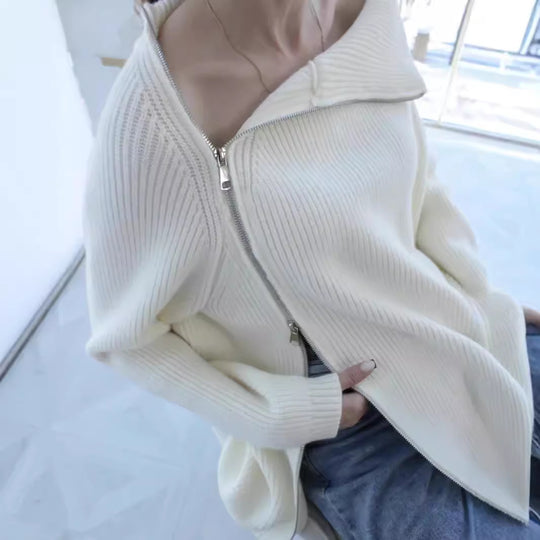 Damen kuscheliger Strickpullover mit asymmetrischem Reißverschluss Fudus
