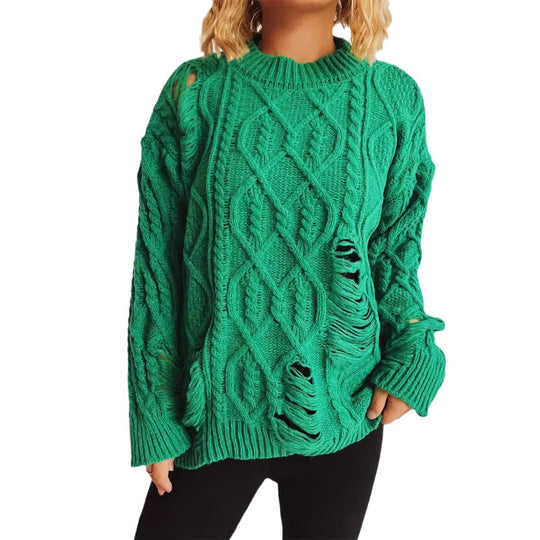 Damen Grobstrickpullover mit einzigartigem Zopfmuster und ausgefransten Details Fudus