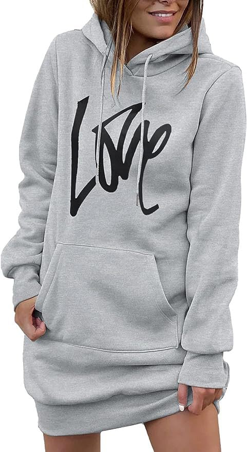 Damen Hoodie-Kleid mit Kängurutasche und auffälligem Schriftzug Fudus