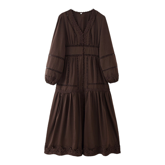 Damen langärmliges Maxikleid mit elegantem Spitzenbesatz und Rüschendetails Fudus