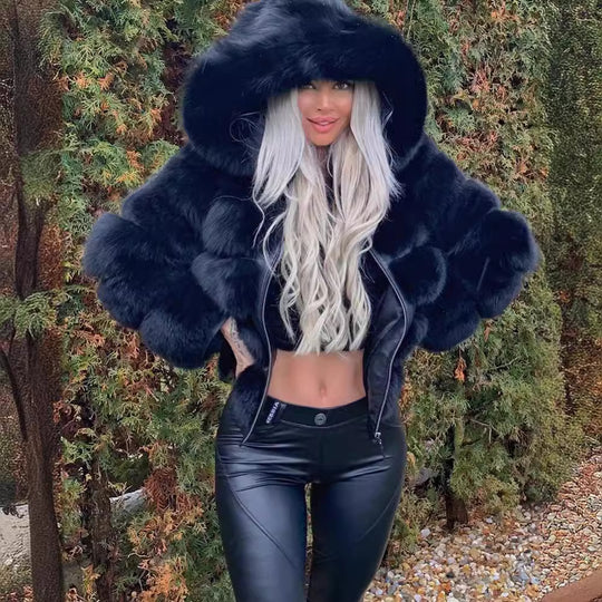 Damen Kuschelige Kunstfelljacke mit voluminösem Kapuzenkragen Fudus