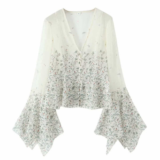 Damen lässige Bluse mit eleganten Glockenärmeln und floralem Design Fudus