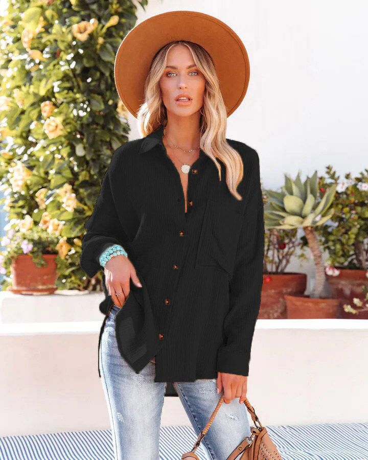 Damen lässige Bluse im Oversized Schnitt mit Knopfleiste und praktischen Taschen Fudus