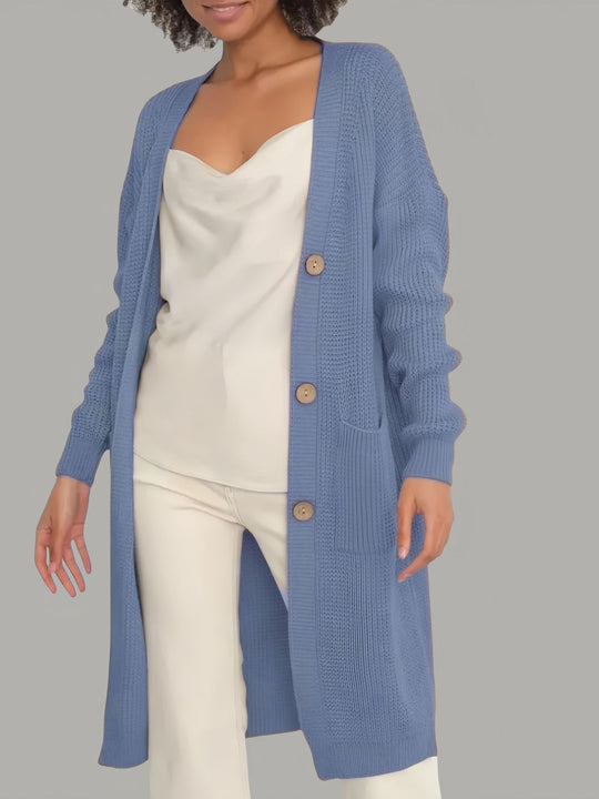 Damen langer Strickcardigan mit Knopfdetails und praktischen Taschen Fudus