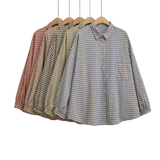 Damen Lässige Karobluse mit überschnittenen Schultern und großen Knöpfen Fudus