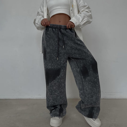 Damen lässige High-Waist Hose mit ausgefallenem Wasch-Effekt Fudus