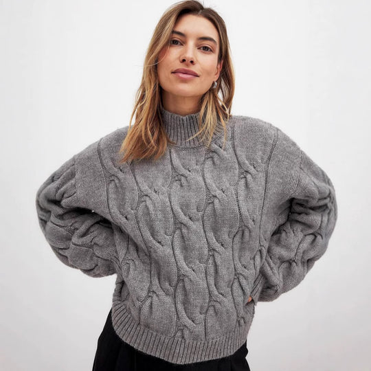 Damen Grobstrickpullover mit einem hohen Kragen und romantischem Zopfdesign Fudus