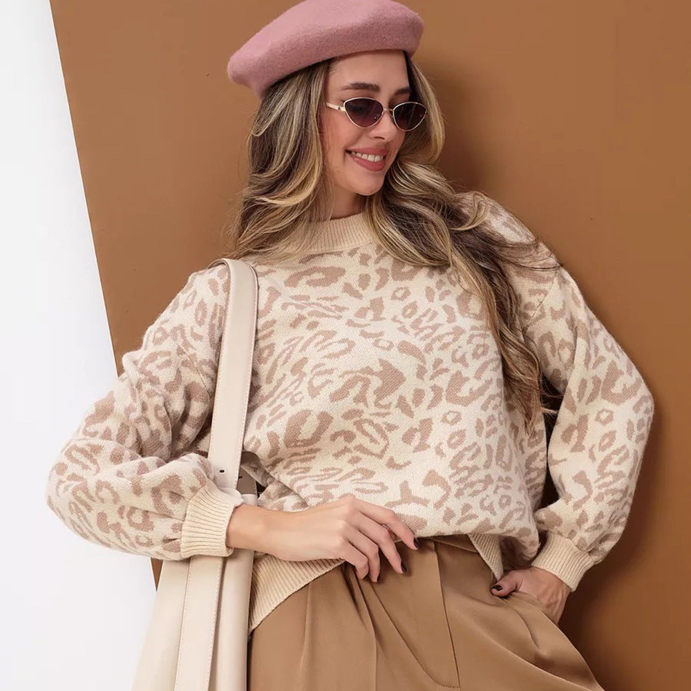 Damen komfortabler Strickpullover mit modernem Leo-Muster und gerippten Abschlüssen Fudus