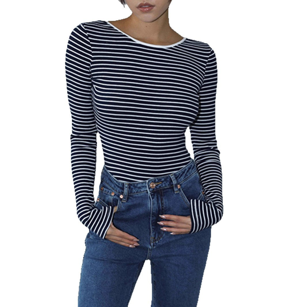 Damen Langärmeliger Body mit offenem Rücken und Streifenmuster Fudus