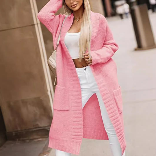 Damen Grobstrick Cardigan mit offenem Design und langen Ärmeln Fudus