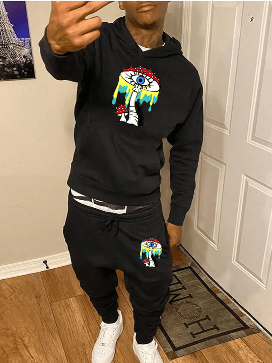 Damen Hoodie- und Jogginghose-Set mit künstlerischem Pilzdesign Fudus