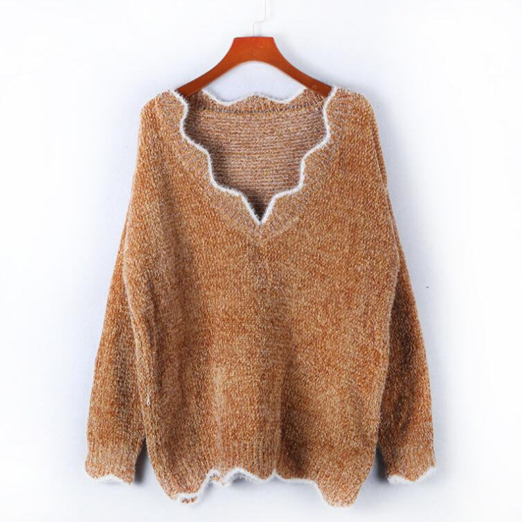 Damen kuscheliger Strickpullover mit tiefem V-Ausschnitt und gewellten Abschlüssen Fudus