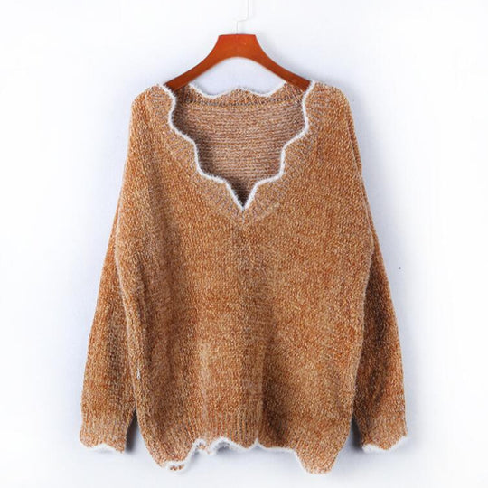 Damen kuscheliger Strickpullover mit tiefem V-Ausschnitt und gewellten Abschlüssen Fudus