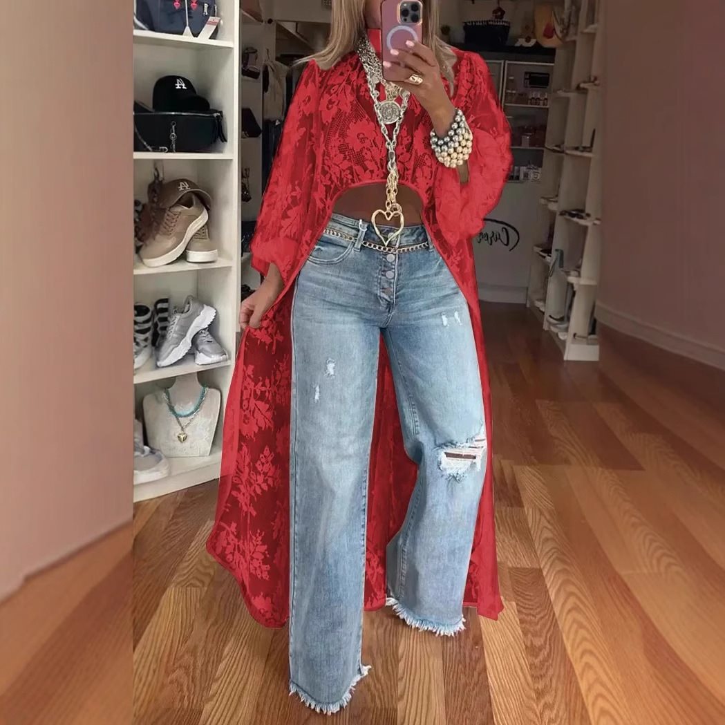 Damen Langer Kaftan mit Spitze und weit geschnittenen Ärmeln Fudus