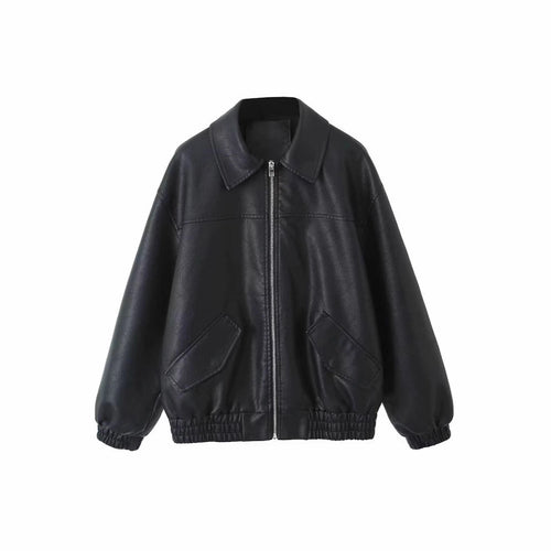 Damen lässige Lederjacke mit elastischem Saum und praktischen Taschen Fudus