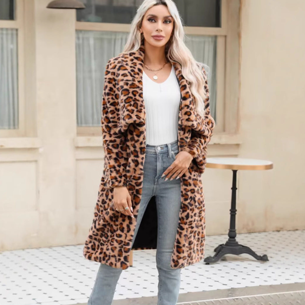 Damen Langärmeliger Leopardenmuster Plüschmantel Fudus