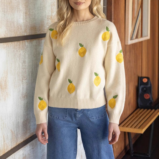 Damen kuscheliger Strickpullover mit Zitronenstickerei Fudus