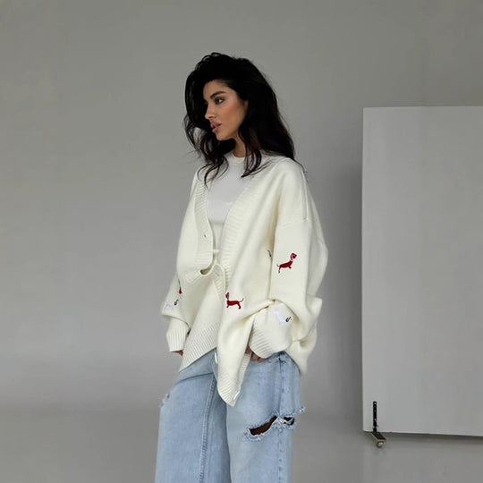 Damen lässige Strickjacke mit einzigartigen Stickerei-Details Fudus