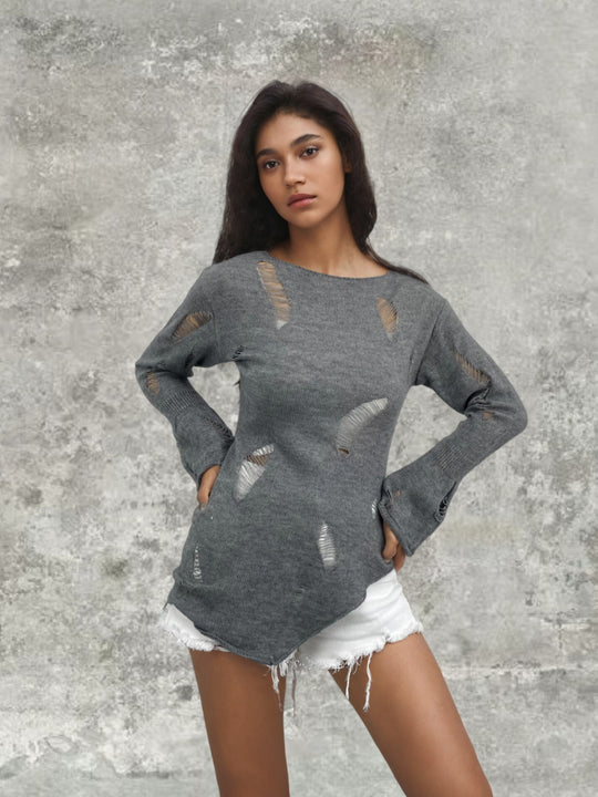 Damen modischer Lockere Pullover mit Lochmuster Fudus