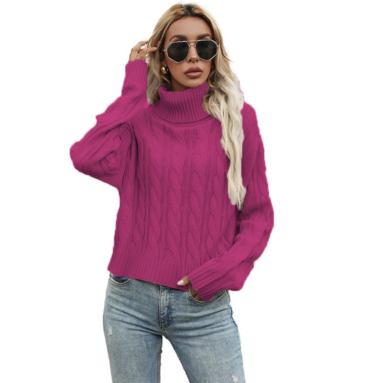 Damen Grobstrickpullover mit hohem Kragen und strukturiertem Zopfmuster Fudus