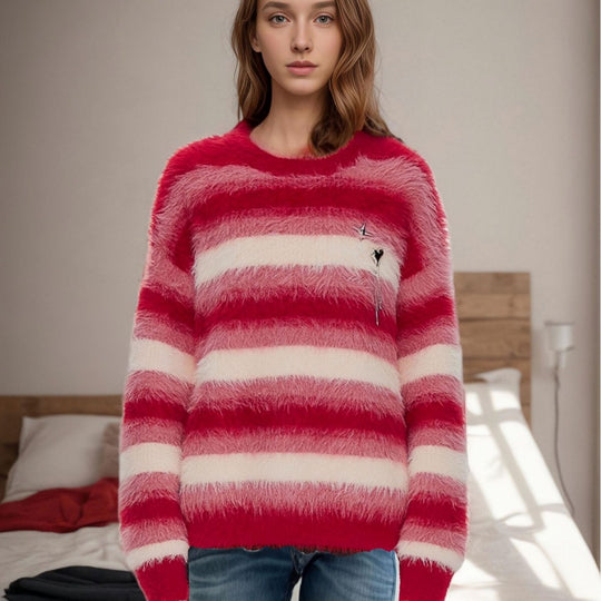 Damen kuscheliger Strickpullover mit modernen Streifen Fudus