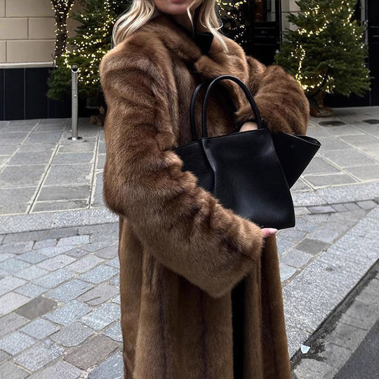 Damen Langer Kunstfellmantel mit breitem Revers und lässigem Schnitt Fudus