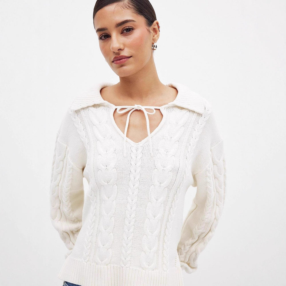 Damen Grobstrickpullover mit romantischem Kragen und praktischen Schnürdetails Fudus