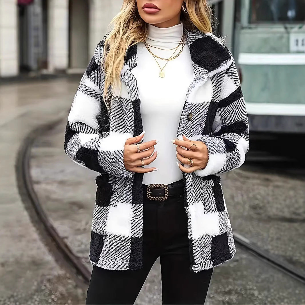 Damen Kuschelige Karofleecejacke im Casual-Stil Fudus