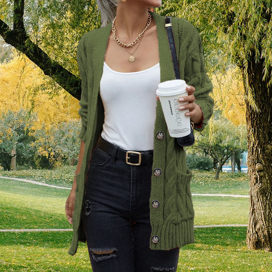 Damen grobstrickige Cardigan mit Taschen und modischem Zopfmuster Fudus