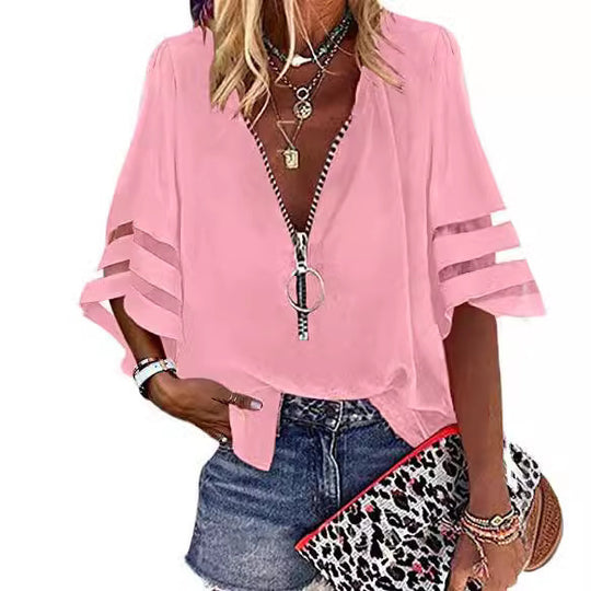 Damen lässige Bluse mit Zipper und sportlichen Strickdetails Fudus