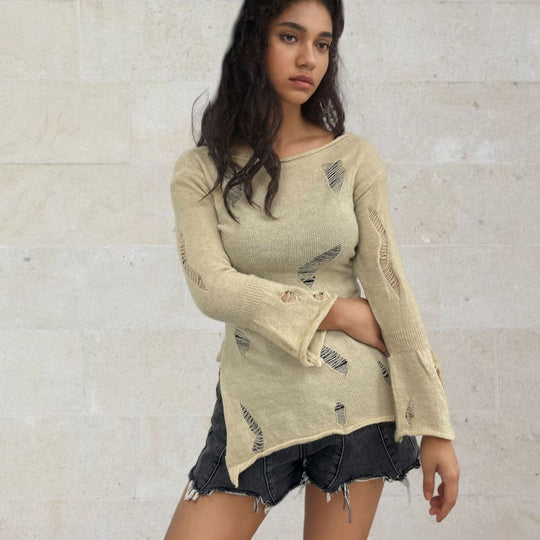 Damen modischer Lockere Pullover mit Lochmuster Fudus