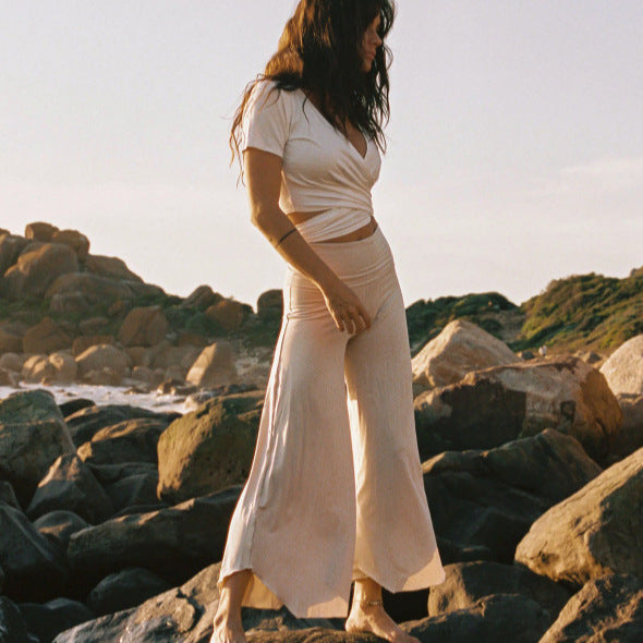 Damen Hose Jersey Weit Geschnitten Seitliche Taschen Elastischer Bund