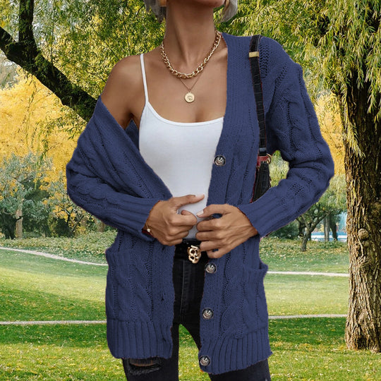 Damen grobstrickige Cardigan mit Taschen und modischem Zopfmuster Fudus