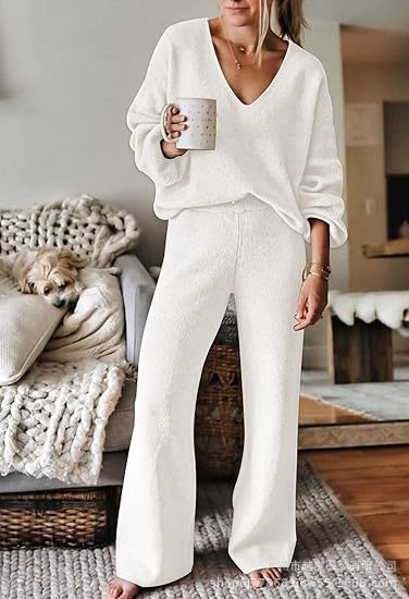 Damen Kuschelndes Strickset mit V-Ausschnitt und weitem Bein Fudus