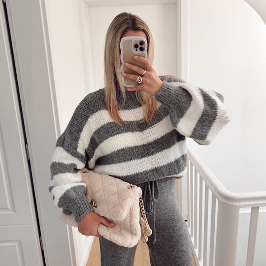 Damen modischer Cropped Pullover mit einzigartigem Streifenmuster und weit geschnittenen Ärmeln Fudus