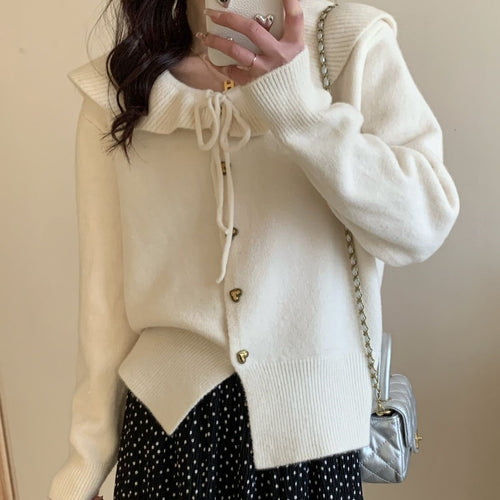 Damen kuscheliger Strickpullover mit übergroßem Kragen und Herzknöpfen Fudus